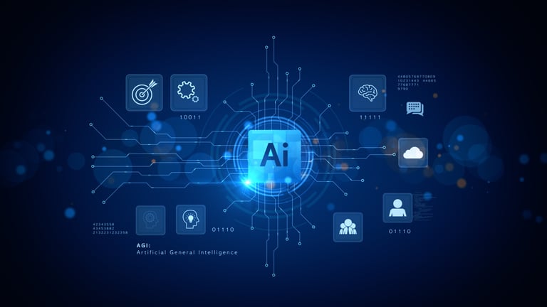 Artificial General Intelligence (AGI) Technology Interface with AI Symbol and Data Network Connection on Blue Futuristic Background