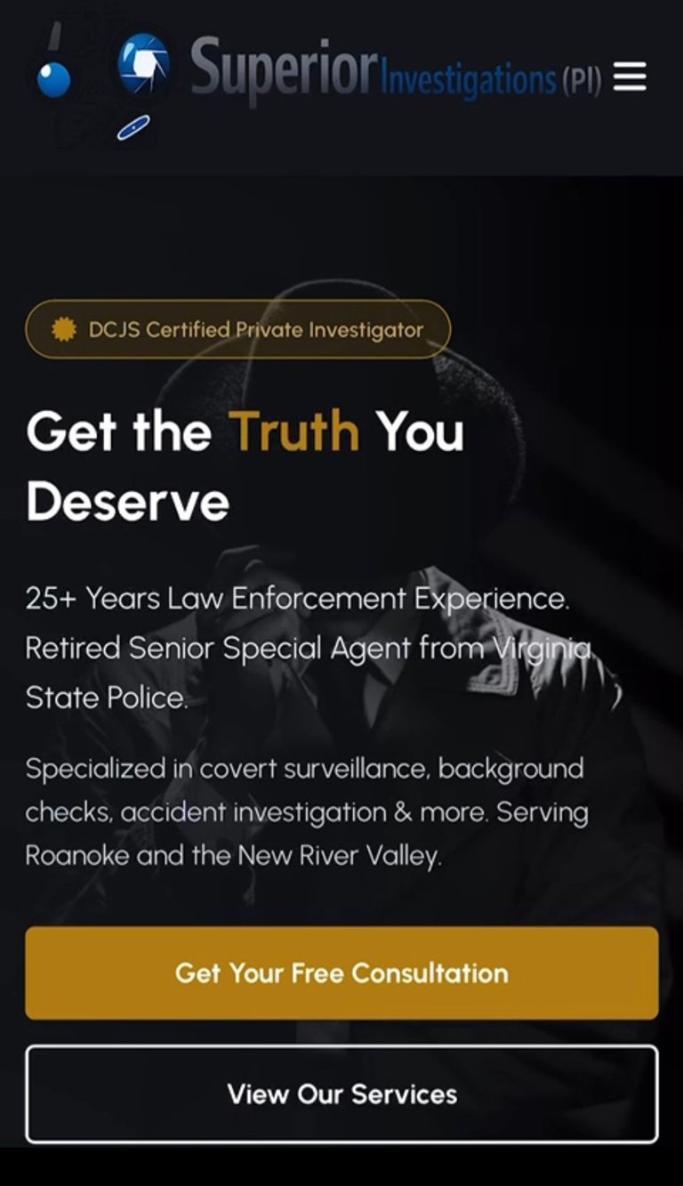 Superior Investigations website featuring DCJS certified private investigator marketing their 25+ years law enforcement experience and services in Roanoke and New River Valley