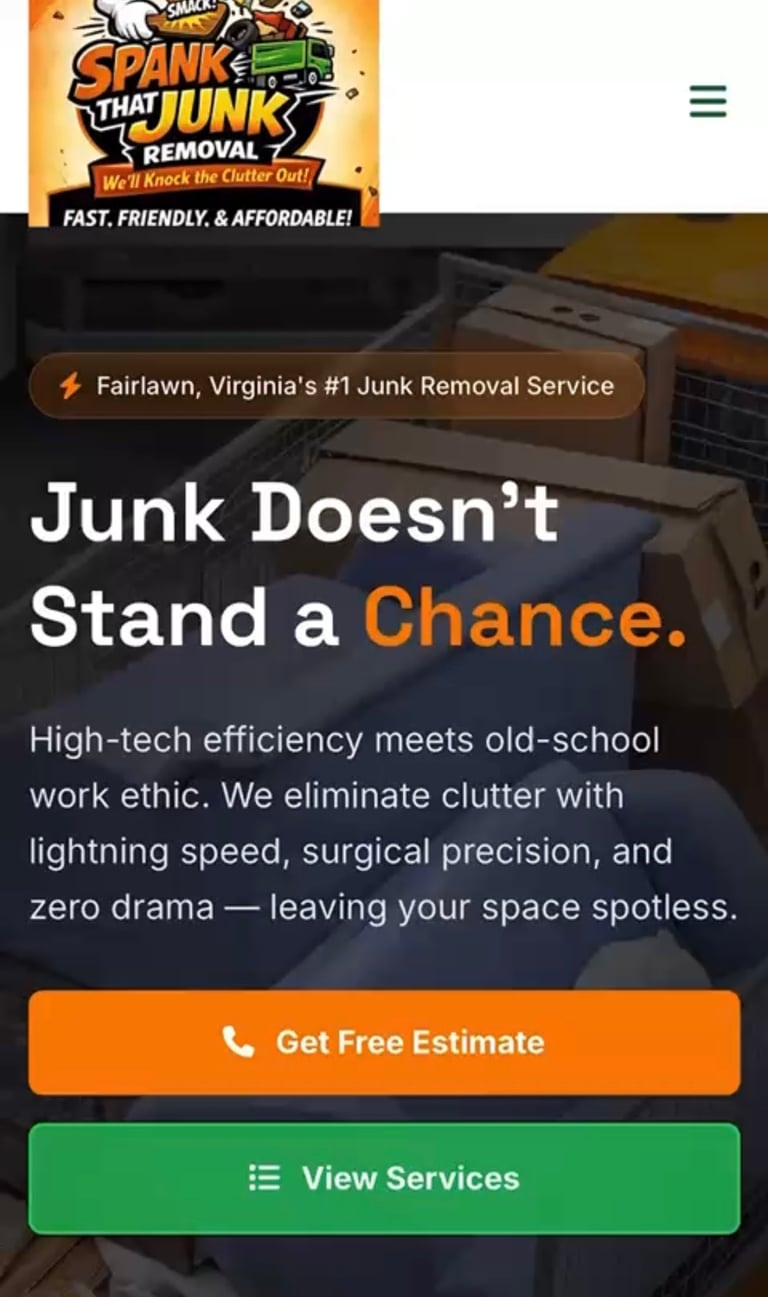 Spank That Junk Removal website header with logo, tagline about Fairlawn Virginias #1 junk removal service, and call-to-action buttons
