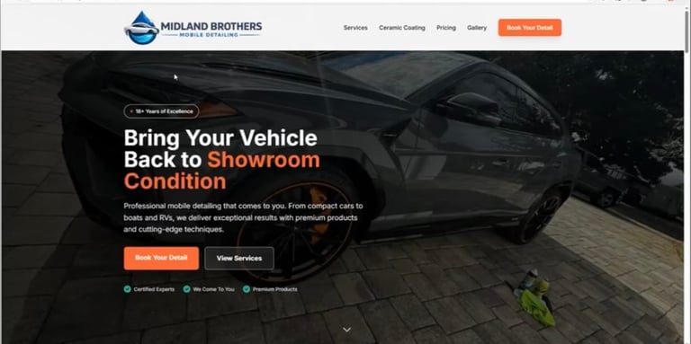 Midland Brothers auto repair website hero section showing damaged vehicle with text Bring Your Vehicle Back to Showroom Condition