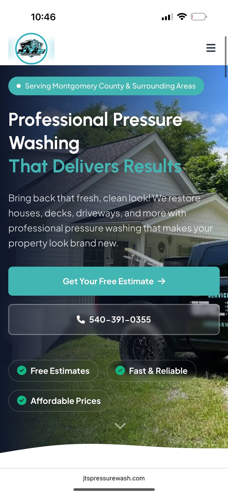 Mobile website for professional pressure washing service serving Montgomery County with options to get free estimate and call 540-391-0355