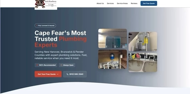 Cape Fears Most Trusted Plumbing Experts website header with plumbing service images and Get Free Quote button