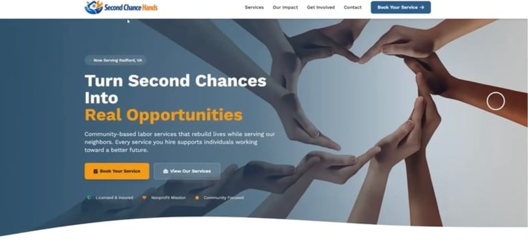 Website hero section showing diverse hands in a circle with text Turn Second Chances Into Real Opportunities