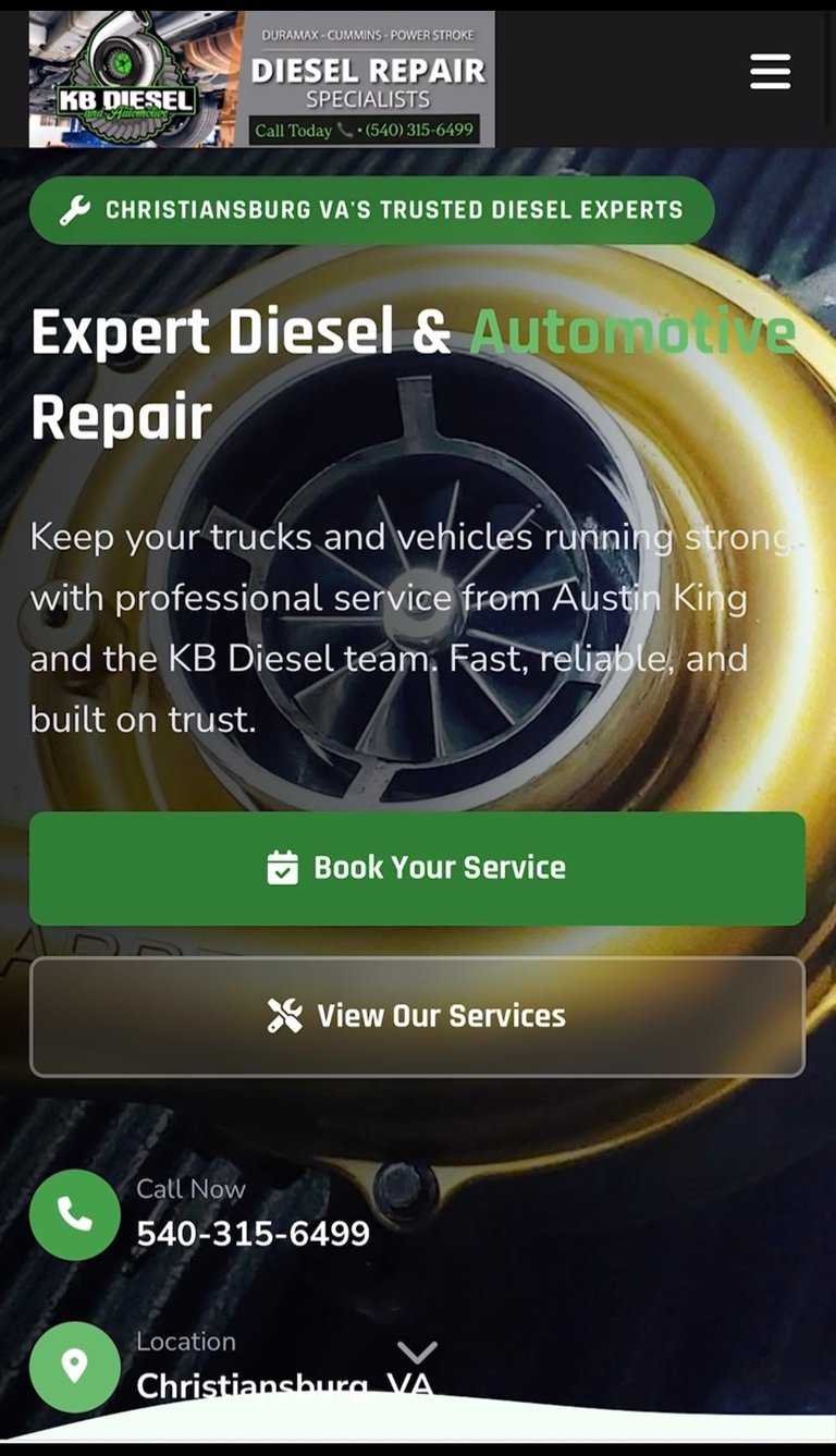 KB Diesel website showing turbocharger engine part with Expert Diesel and Automobile Repair services heading for Christiansburg VA