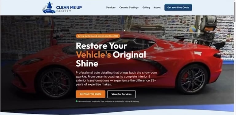 Red sports car with Restore Your Vehicles Original Shine text and auto detailing service website header