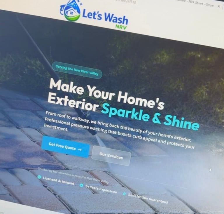 Lets Wash NRV website showing exterior home cleaning service with tagline Make Your Homes Exterior Sparkle and Shine