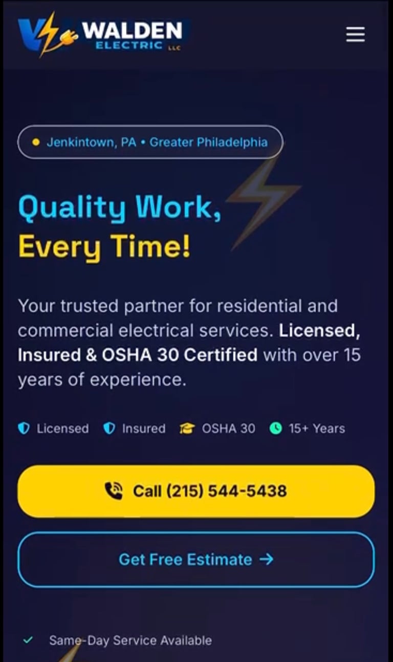 Walden Electric LLC website header with logo, location, tagline Quality Work Every Time, service description, and call-to-action buttons for phone and free estimate