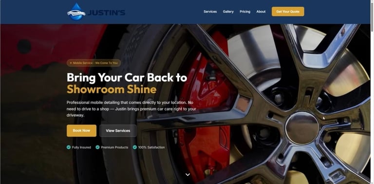 Justins auto detailing website header showing a close-up of a shiny car wheel with red brake calipers and chrome finish