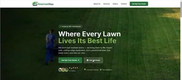 Website header for GreenLawnDays showing a lawn care professional standing on a green grass background with tagline Where Every Lawn Lives Its Best Life