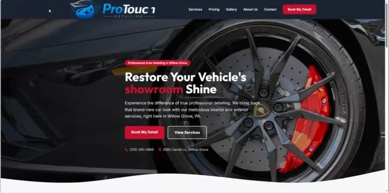 ProTouc website hero section featuring a luxury car wheel with red brake calipers and text promoting vehicle detailing services
