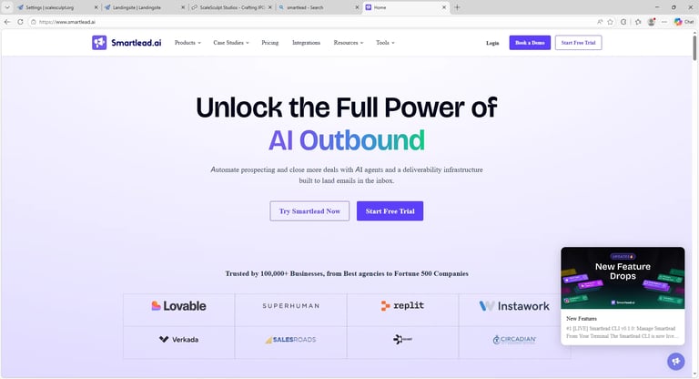 SmartRead AI website homepage showing AI Outbound marketing solution with featured company logos and call-to-action buttons