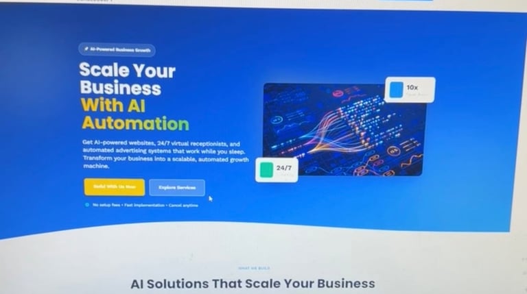 Blue webpage banner promoting AI automation with headline Scale Your Business With AI Automation, featuring digital graphics and call-to-action buttons