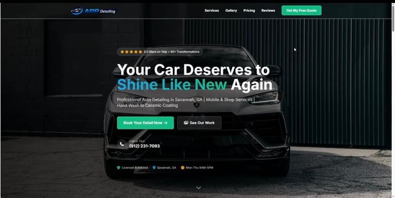 Car detailing website hero section featuring black luxury vehicle with headline Your Car Deserves to Shine Like New Again