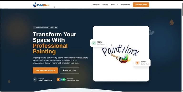 Professional painting service website header with Transform Your Space With Professional Painting slogan, contact button, and paintbrush logo mockup