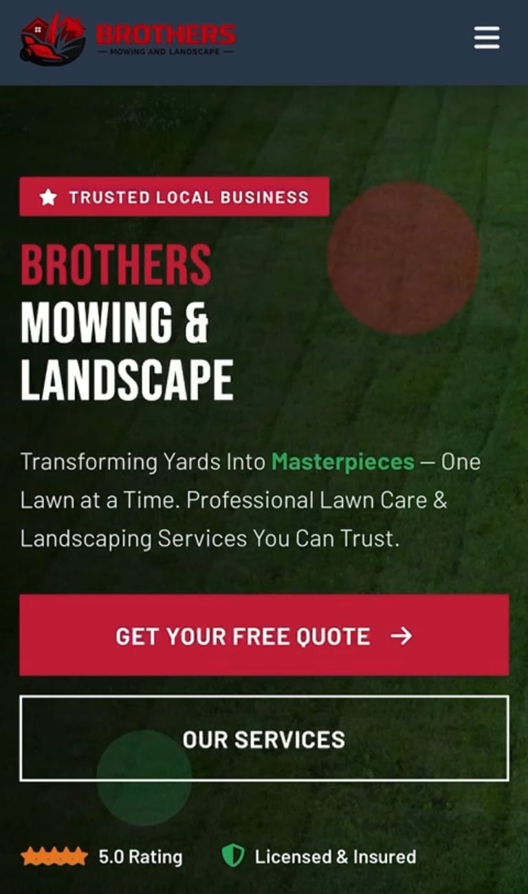 Brothers Mowing and Landscape website homepage with trusted local business badge, service description, and call-to-action buttons